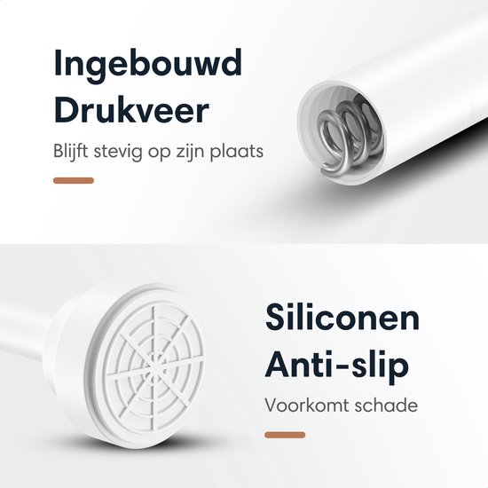De GEON gordijnroede heeft een ingebouwde drukveer en siliconen anti-slip uiteinden. Close-up van de veer en het uiteinde.