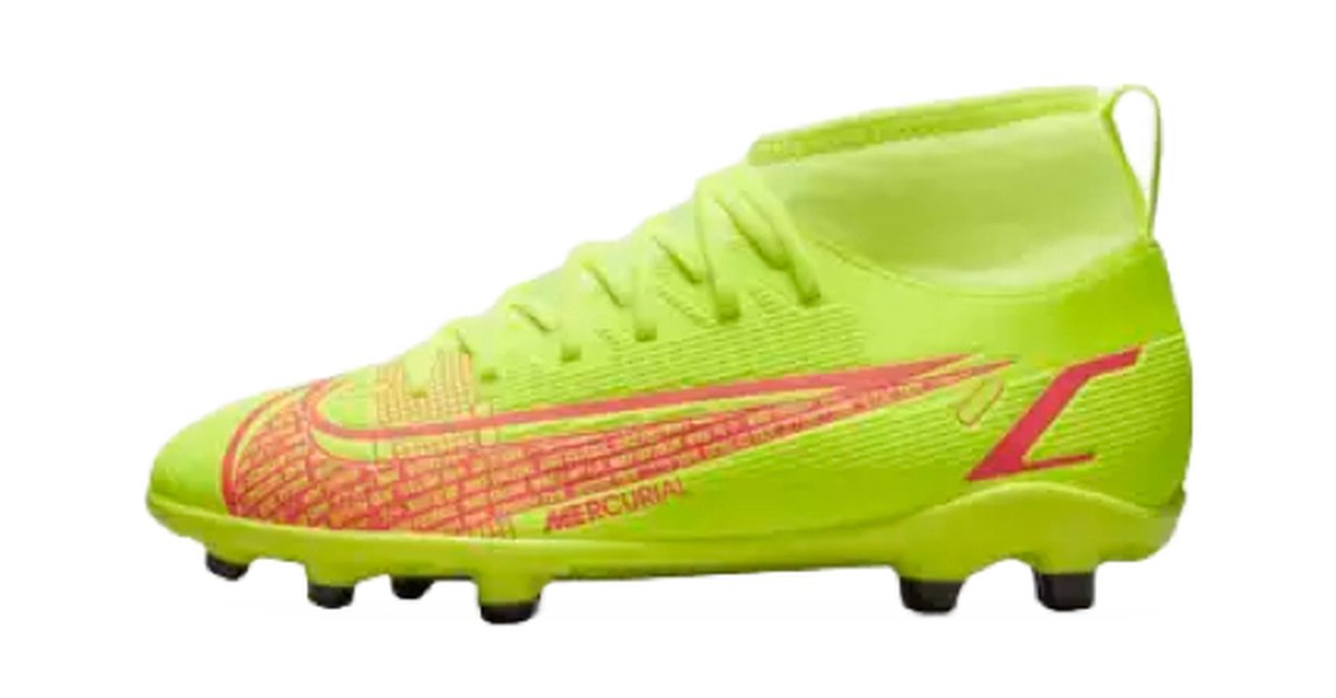Nike Superfly 8 Club voetbalschoenen in maat 45, felgroen met roze details en een hoge schacht voor extra ondersteuning.