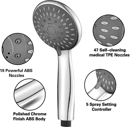 Douchekop, handdouche, 5 straalsoorten, hoge druk met 1,5 m slang