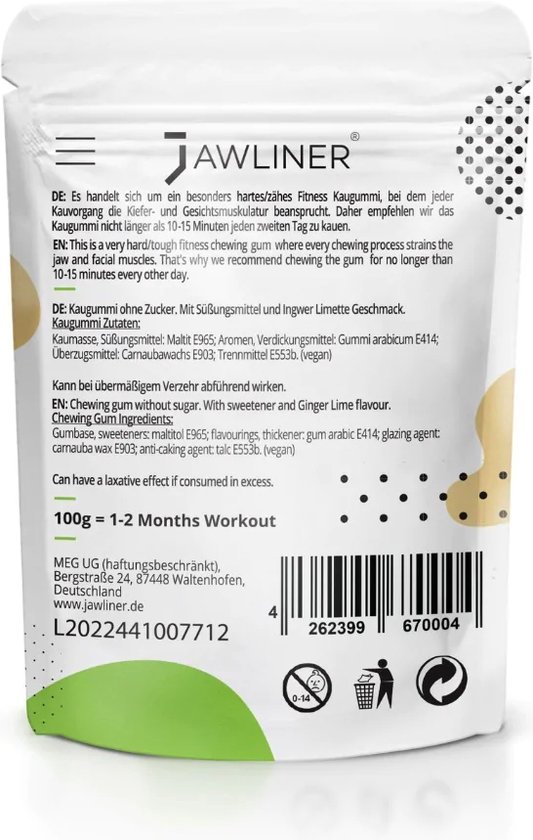 Jawliner Fitness Chewing Gum Ginger Lime - Entraîneur de mâchoire pour les  exercices musculaires de la mâchoire - Mâchoire serrée