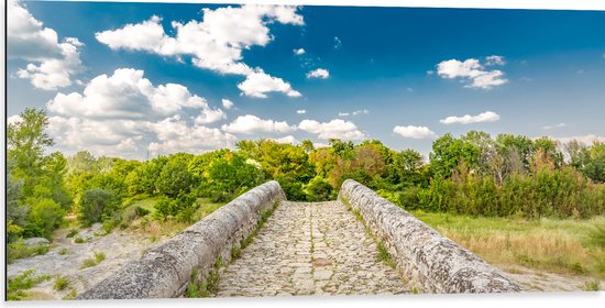 Dibond - Stenen Brug over Kleine Rivier heen omringd door Natuur - 100x50 cm Foto op Aluminium (Wanddecoratie van metaal)