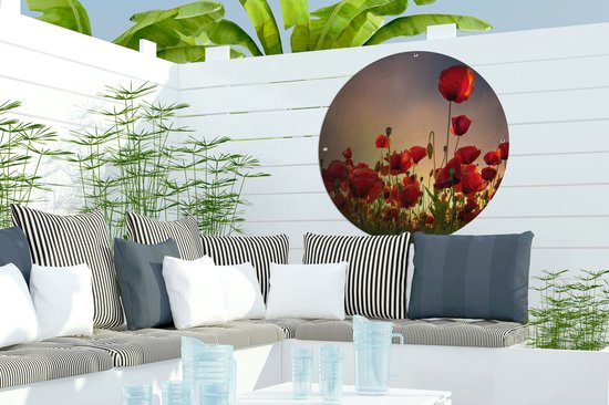 Garden Circle Ciel coloré au-dessus d'un champ Coquelicots au Danemark - 60x60 cm - Affiche Ronde de Jardin - Extérieur