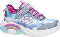 Blauwe, witte en roze kindersneaker met regenboog en wolkendessin, glitters en striksluiting.