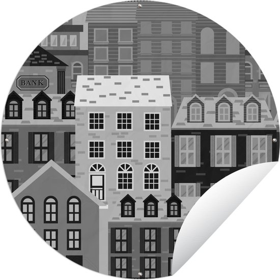 Tuincirkel Patroon van huizen in de stad - zwart wit - 150x150 cm - Ronde Tuinposter - Buiten