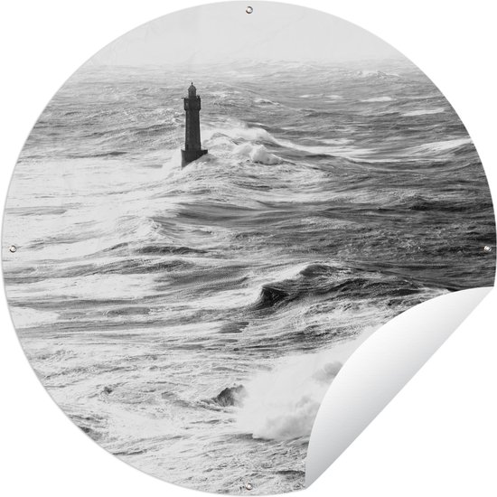 Tuincirkel De vuurtoren van la Jument in de zee voor de Franse kust - zwart wit - 90x90 cm - Ronde Tuinposter - Buiten