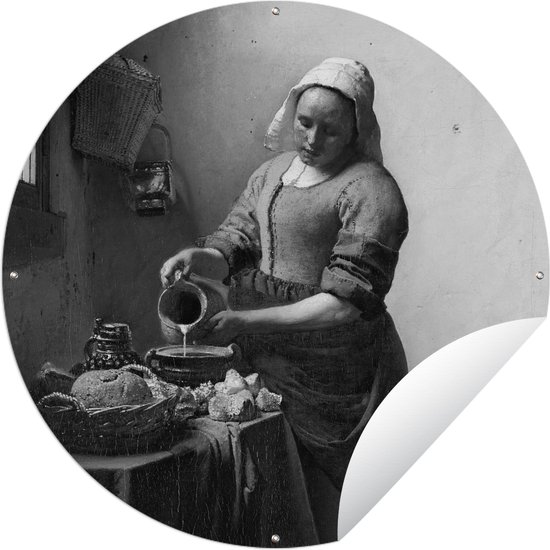 Tuincirkel Het melkmeisje - Schilderij van Johannes Vermeer - zwart wit - 90x90 cm - Ronde Tuinposter - Buiten