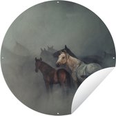 Tuincirkel Paarden - Mist - Kudde - 60x60 cm - Ronde Tuinposter - Buiten