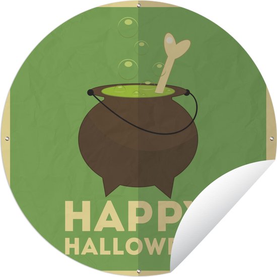 Tuincirkel 'Happy Halloween' met een heksenketel en bot op een groene achtergrond - 120x120 cm - Ronde Tuinposter - Buiten XXL / Groot formaat!