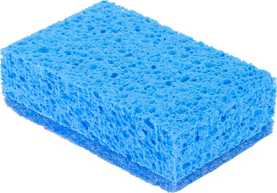 Blauwe schuurspons met een fijne structuur en blauw schuurvlies.