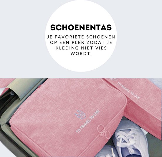 Roze schoenentas met 'TO TRAVEL TO LIVE' opdruk.
