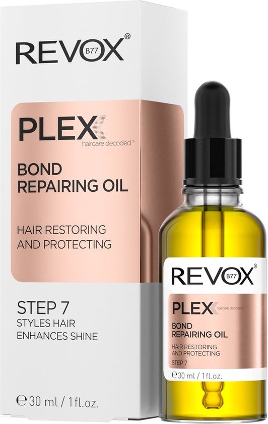 Revox PLEX Bond Repairing Oil, stap 7, haar herstellend en beschermend. Glazen flesje met druppelaar, gevuld met gele olie. Verpakking met tekst 'HAIR RESTORING AND PROTECTING'.