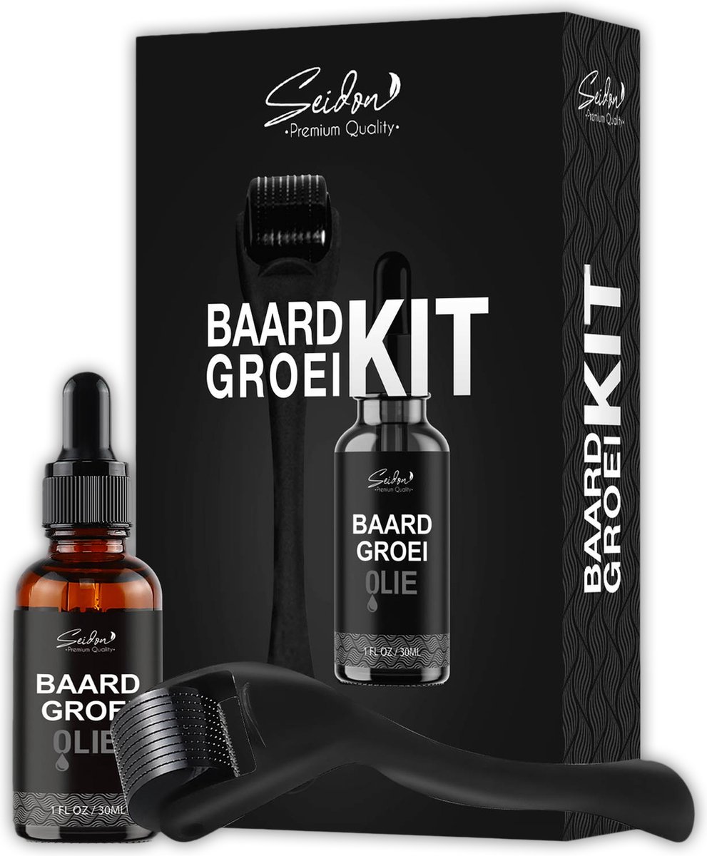 Seidon™ Baardgroei Kit met Extra Groot Flesje Olie en Baard Roller, Dermaroller - Baardgroei Stimuleren – Baardolie – Beard Growth Kit