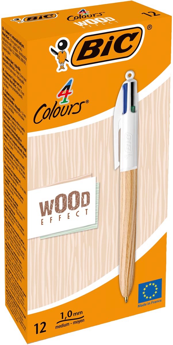 BIC Stylo bille 4 couleurs rétractable Wood. Pointe Moyenne (1,0