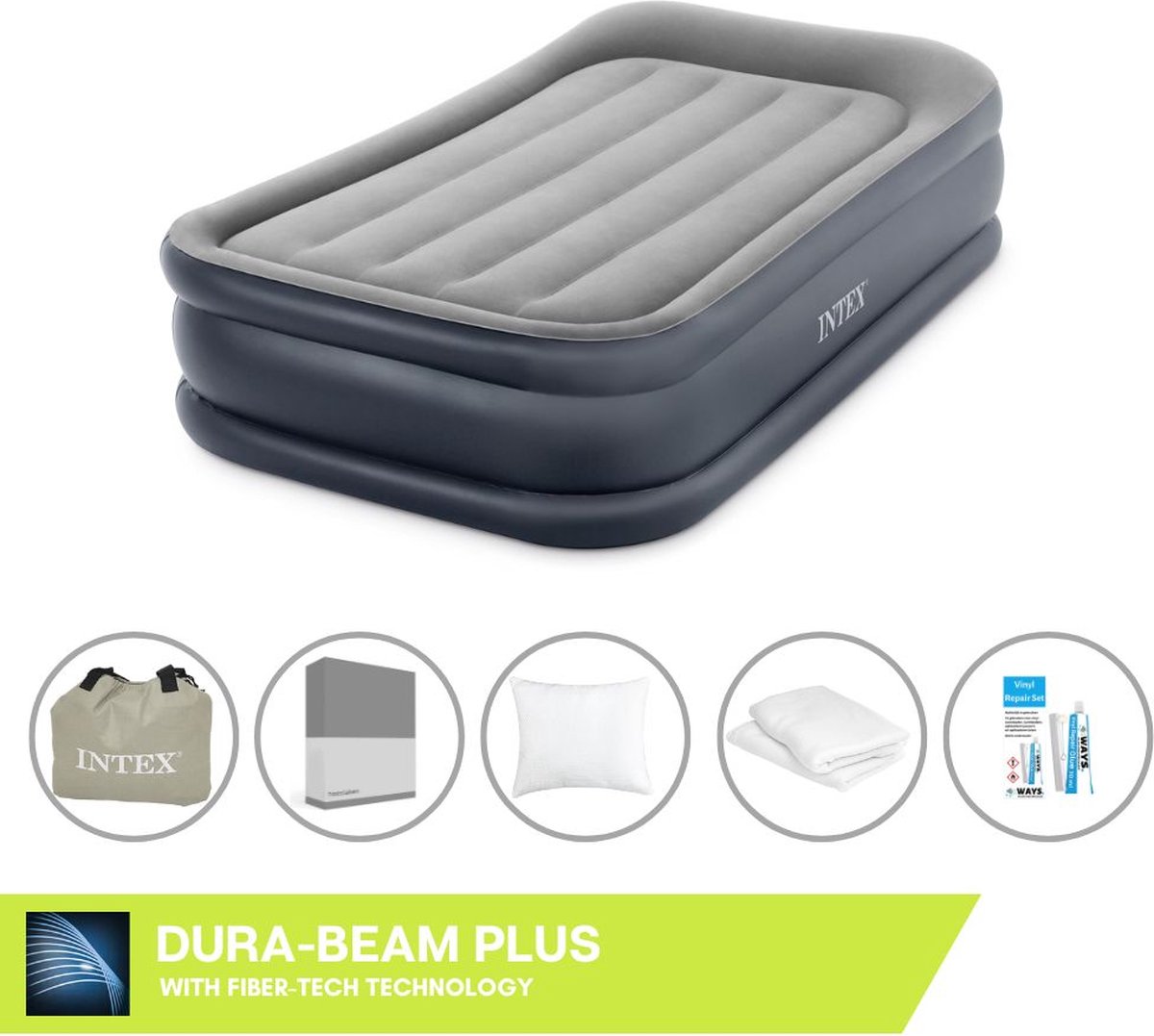 Intex Luchtbedset - 1-Persoons - 99 x 191 x 42 cm - Grijs - Met pomp + Hoeslaken Antraciet + Kussen + Molton 2 in 1 Kussenslopen + Reparatieset