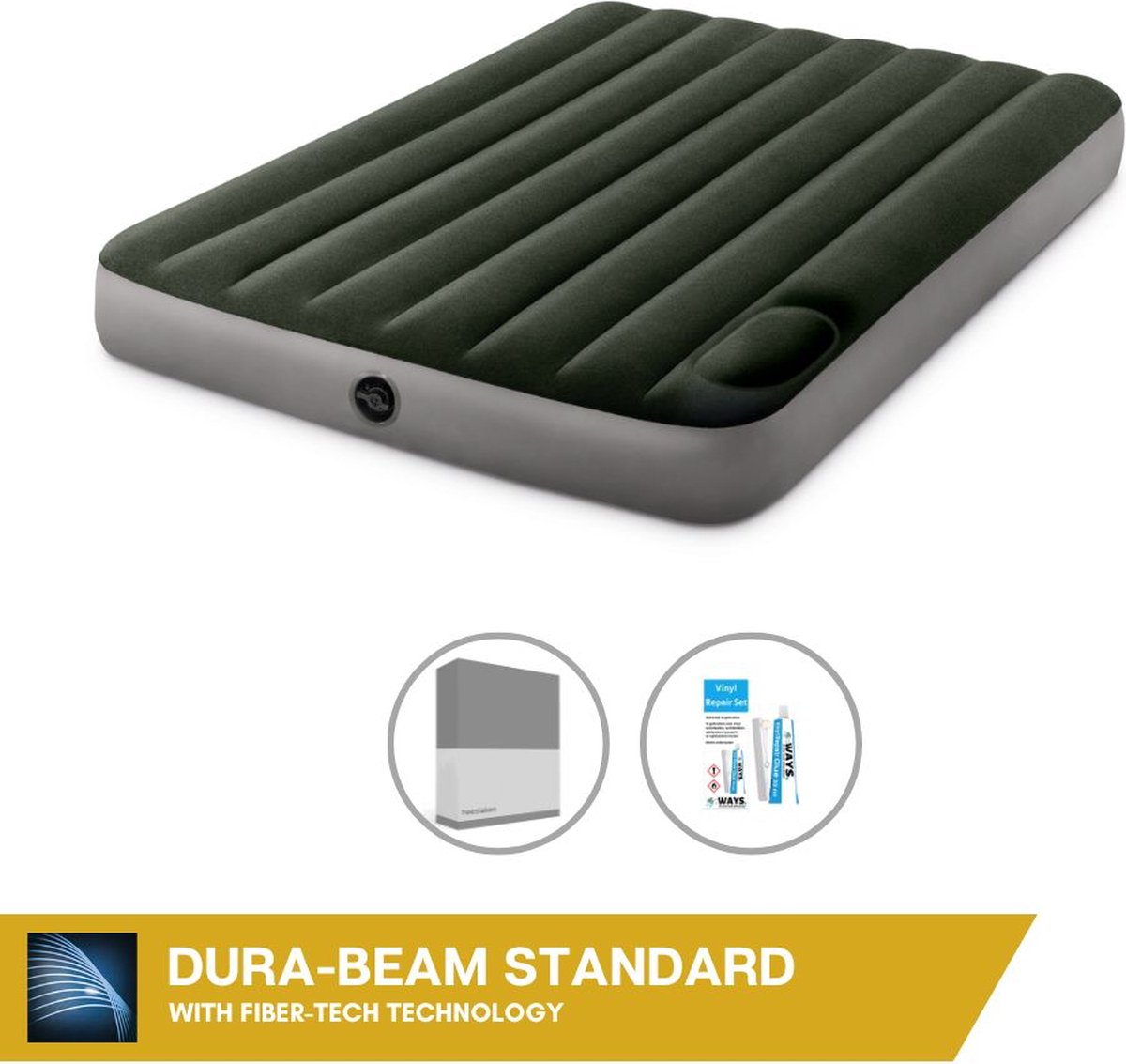 Intex Luchtbedset- Twijfelaar - 137 x 191 x 25 cm - Groen - Met ingebouwde voetpomp + Hoeslaken Antraciet + Reparatieset