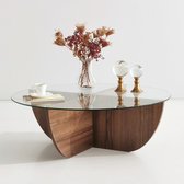 Table basse demi ronde verre bois - noyer - 105x30x65cm - verre trempé - Retro - table d'appoint ronde verre