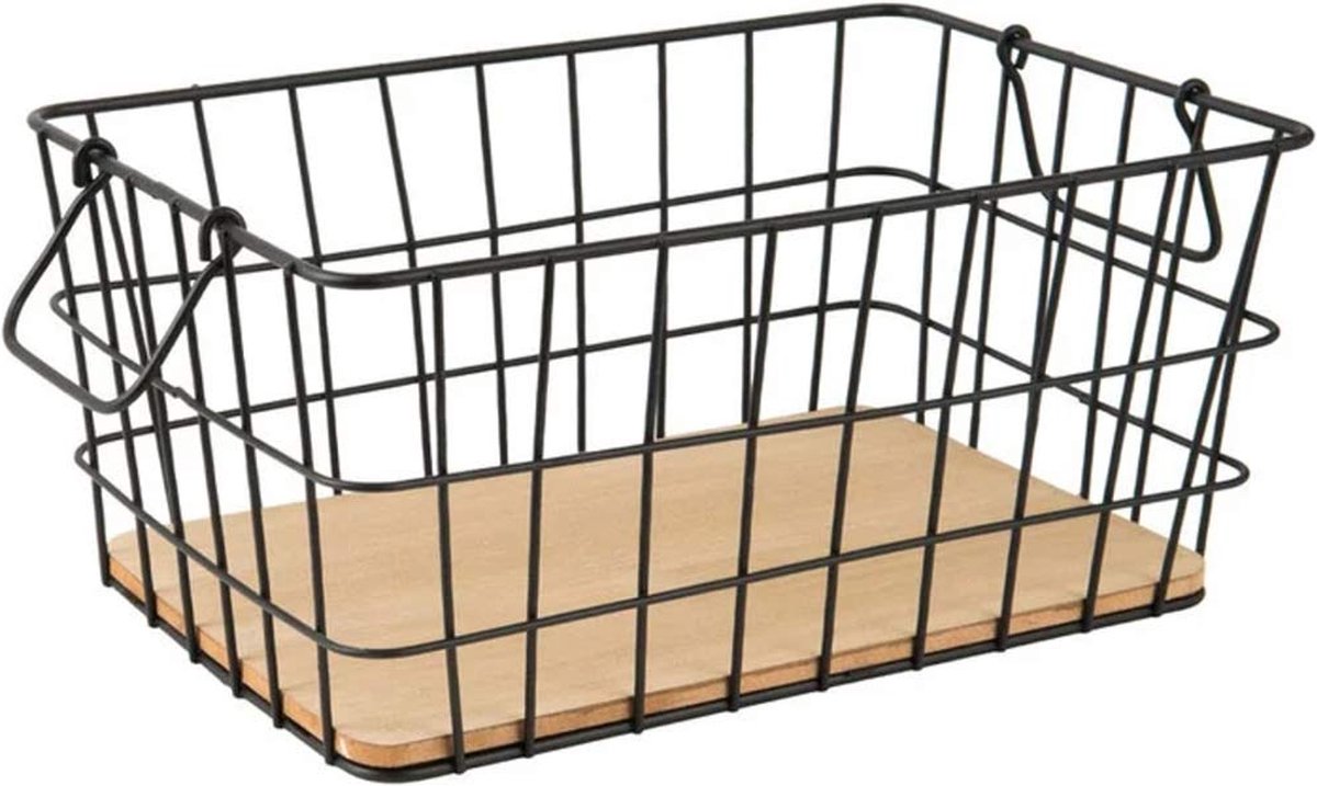 Draadmand organiser zwart 31x21x14 cm | Opberger houten bodem