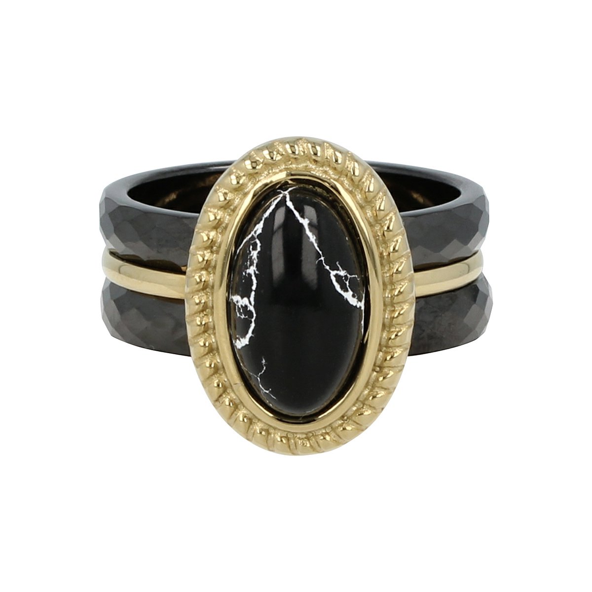 My Bendel - Gouden Vintage Ringenset Zwart Marble - Elegant, duurzaam en uniek - Het glanzende van het keramiek in combinatie met de mooie steen en vintage look geven deze ring een bijzonder effect - Met luxe cadeauverpakking