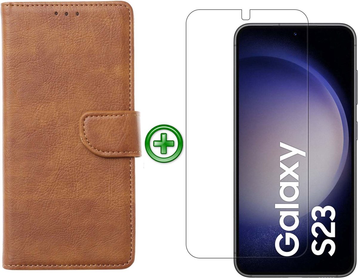 Samsung Galaxy S23 hoesje - Met Samsung S23 Screenprotector - Portemonnee Cover - Bruin
