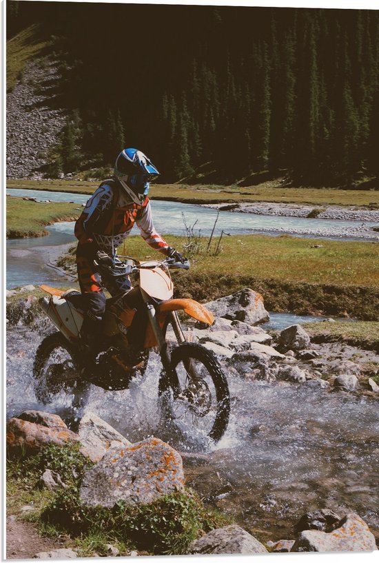 WallClassics - Feuille de mousse PVC - Motocycliste Oranje roulant dans des Water stagnantes basses - Photo 50x75 cm sur feuille de mousse PVC