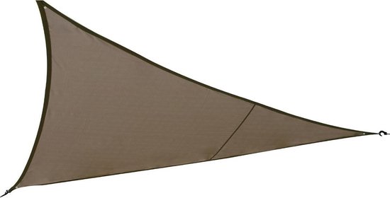 Taupe driehoekig schaduwdoek met donkerbruine rand en oogjes.