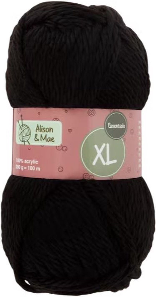 Laine à tricoter Alison & Mae, Noir, 2 ampoules, 9 - 10 mm d'épaisseur, 100%