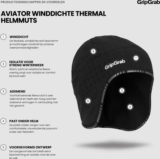Zwarte Aviator Winddichte Thermal Helmmuts van GripGrab, met uitleg over de eigenschappen.