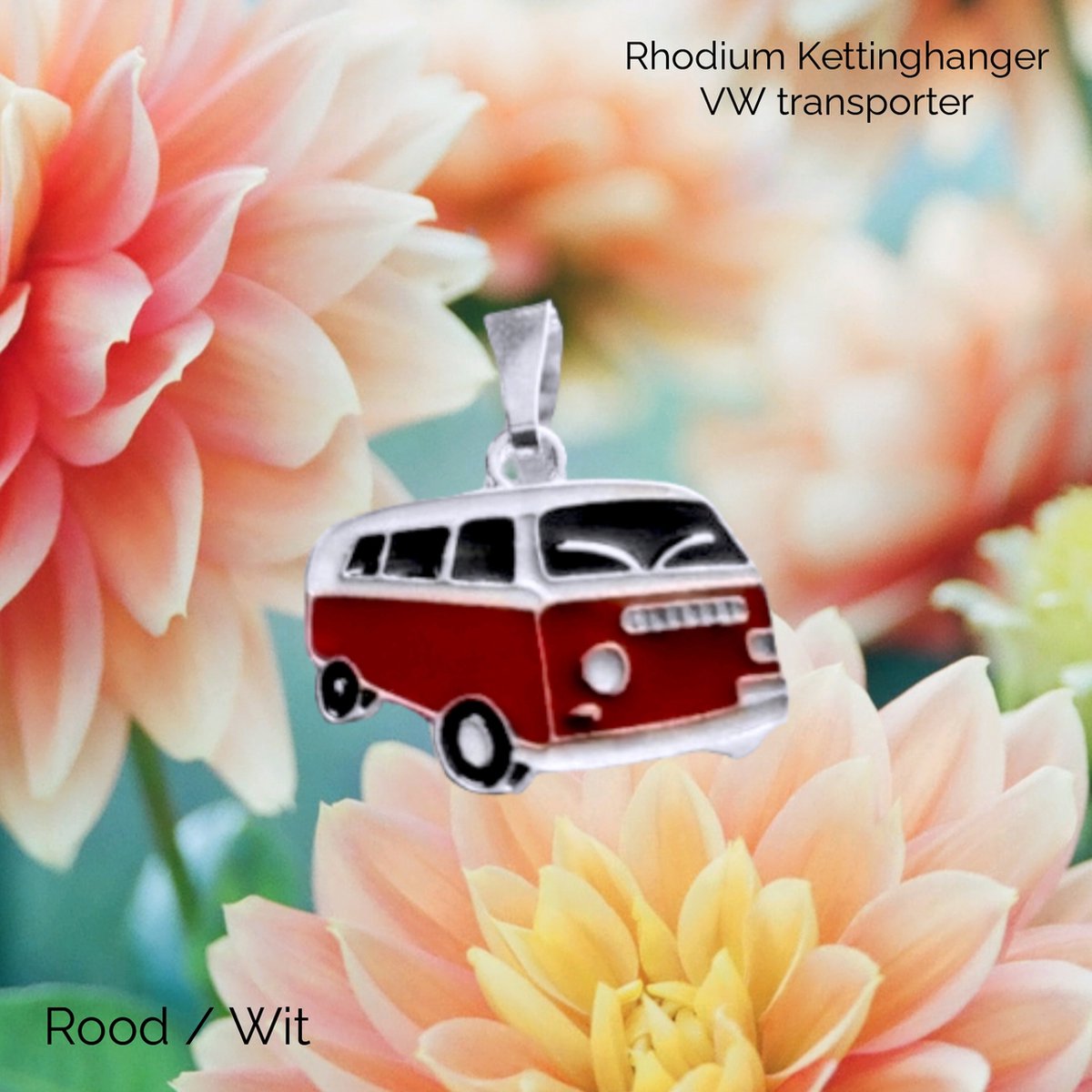 Kettinghanger - Oldtimer - 2x2,4 cm - VW Transporter - Rhodium - Rood Wit - zonder ketting - Casual Verzamelaars