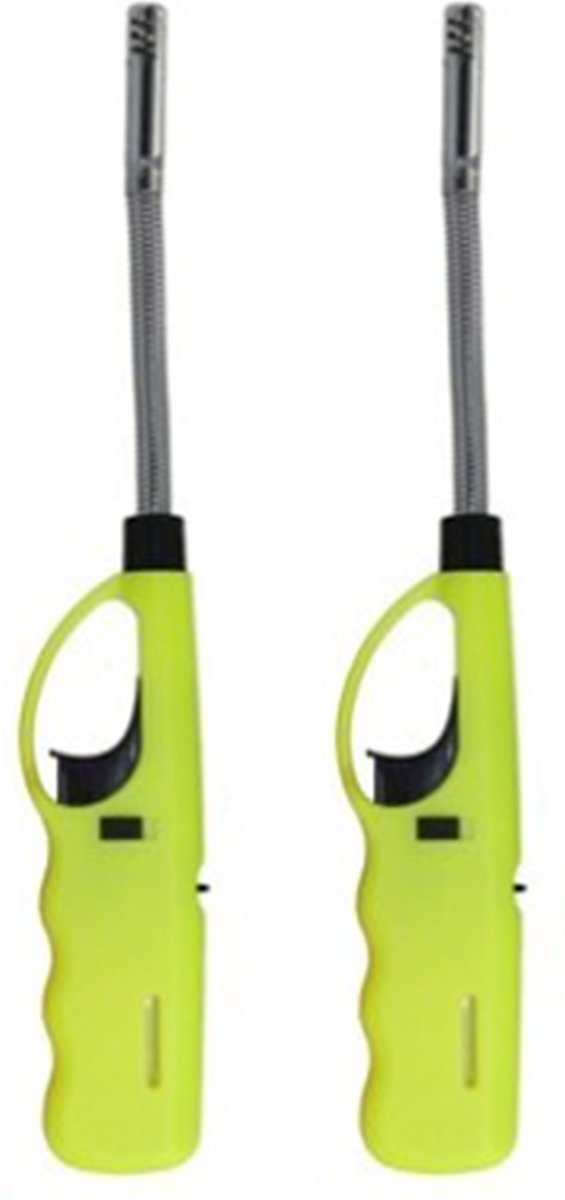 Flame Classics Gasaansteker - 2x - flexibele hals - BBQ/keuken/haard aansteker - groen - 27 cm