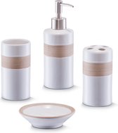 Zeller badkamer/toilet accessoires set 4-delig - keramiek - wit/beige