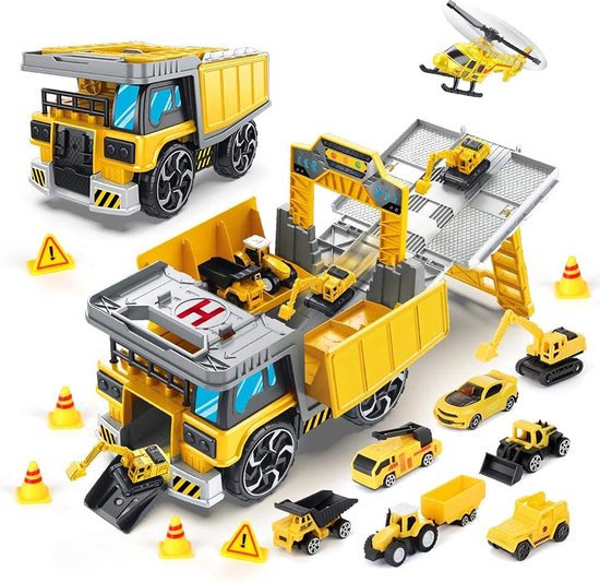 10-in-1 groot technisch transportvoertuig - graafmachine - bulldozer - grote vrachtwagen - helikopter - kraan - helikopter - bouwvoertuigen - 2 jaar oud, 3 jaar oud, 4 jaar oud speelgoed voor jongens en meisjes - Verjaardagscadeau