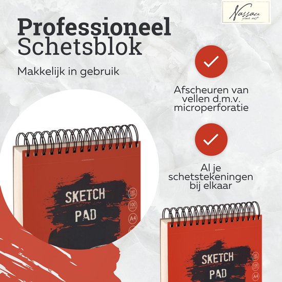Professioneel schetsblok met zwarte ringband. Rode kaft met 'SKETCH PAD' en '160 G/M2' tekst. Microperforatie voor makkelijk afscheuren.