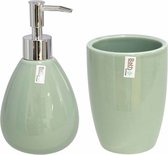 Set de salle de bain 2 pièces céramique verte - distributeur de savon - porte-gobelet/brosse à dents