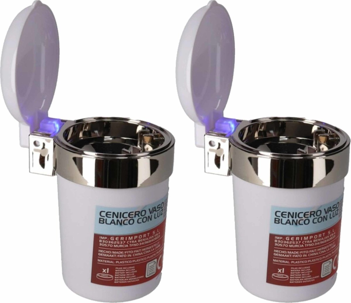Goedkoopste 2x Auto asbakje met Led lichtje en deksel wit 11 x 9 cm - Geurvrije anti rook auto asbak