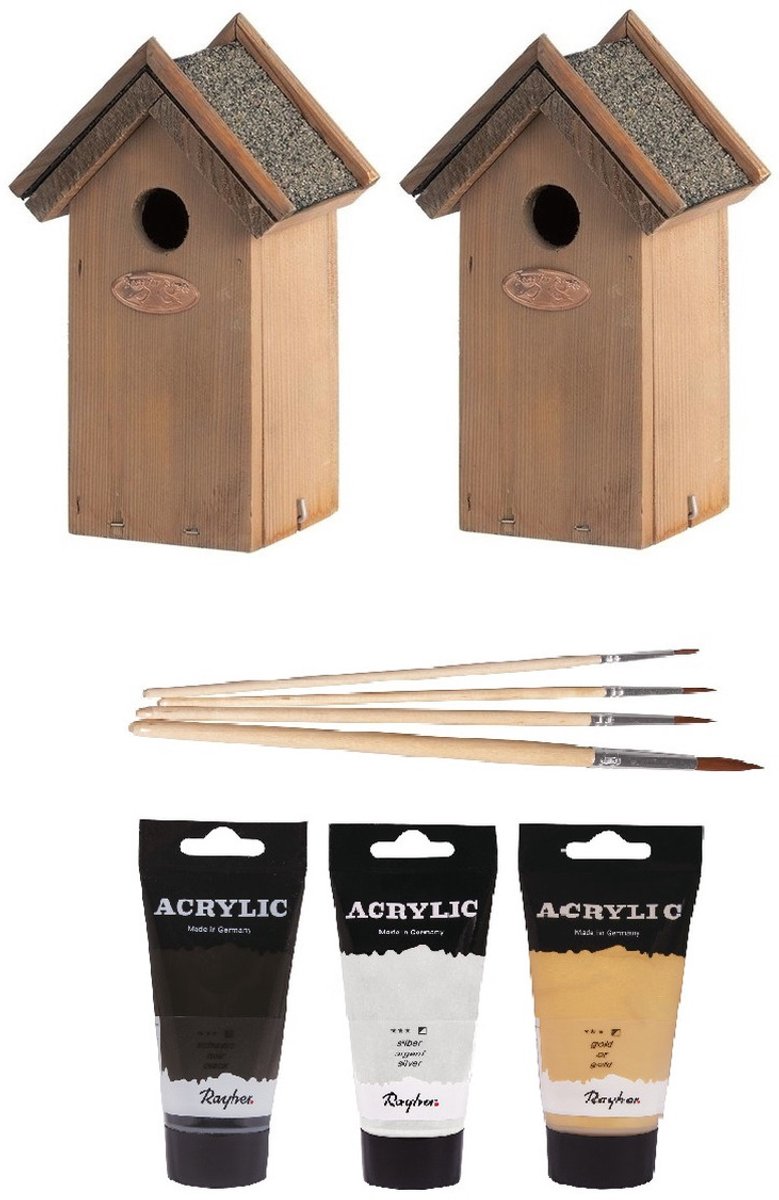 2x stuks houten vogelhuisjes/nestkastjes 22 cm - in het zwart/goud/zilver - Dhz schilderen pakket + 3x tubes verf en kwasten