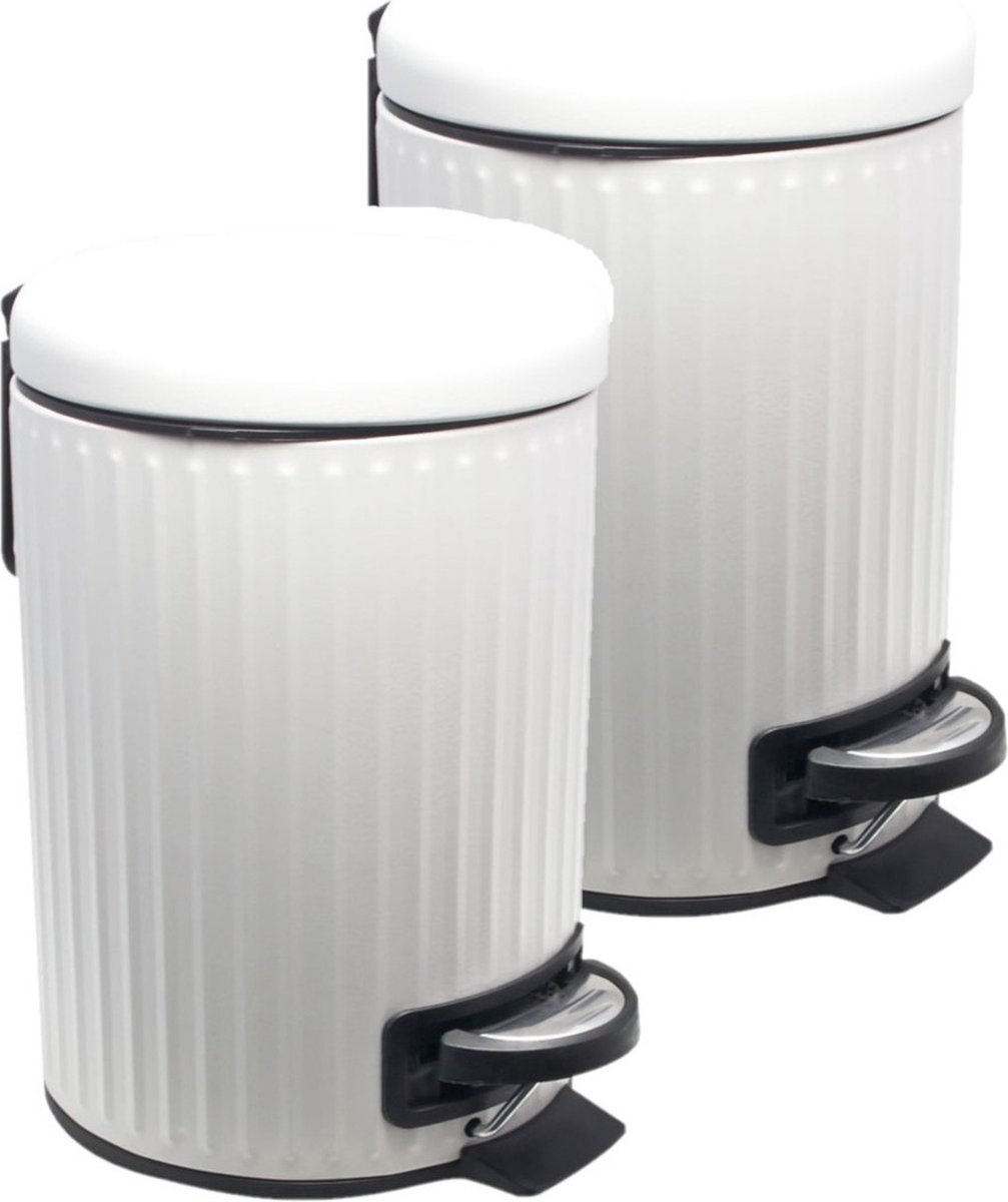 Goedkoopste 2x Rvs vuilnisbakken/pedaalemmers wit 3 liter 26 cm - Badkameraccessoires/benodigdheden - Toiletaccessoires - Kleine prullenbakken