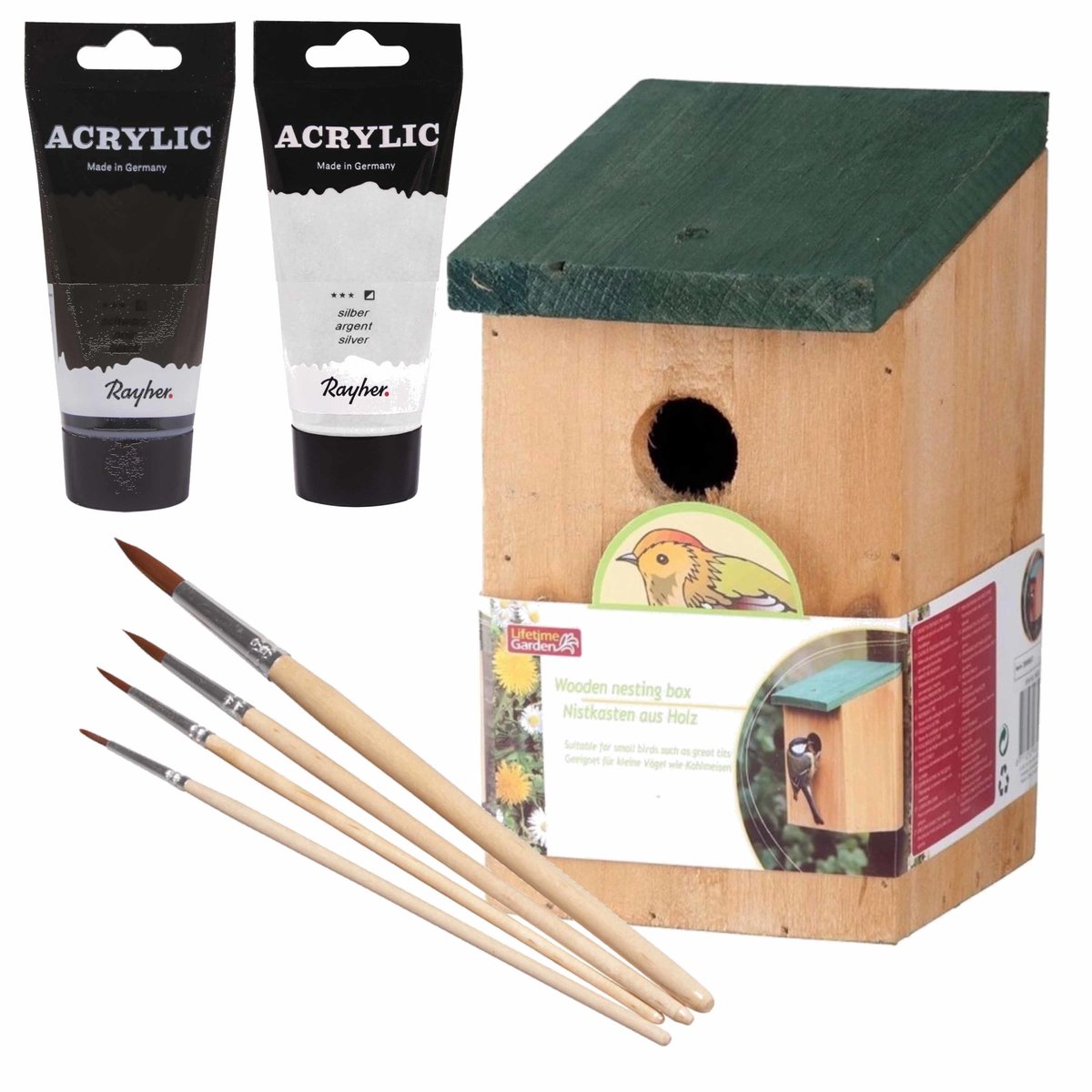 Houten vogelhuisje/nestkastje 22 cm - in het zwart/zilvergrijs maken - Dhz schilderen pakket - 2x tubes verf en kwasten
