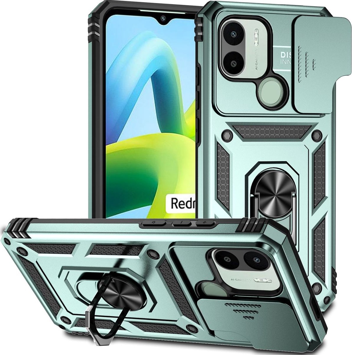 Mobigear Hoesje geschikt voor Xiaomi Redmi A1 4G Telefoonhoesje Hardcase | Mobigear Armor Ring Cam Slide Backcover Shockproof met Ringhouder en Camera Slider | Schokbestendig Redmi A1 4G Telefoonhoesje | Anti Shock Proof - Groen