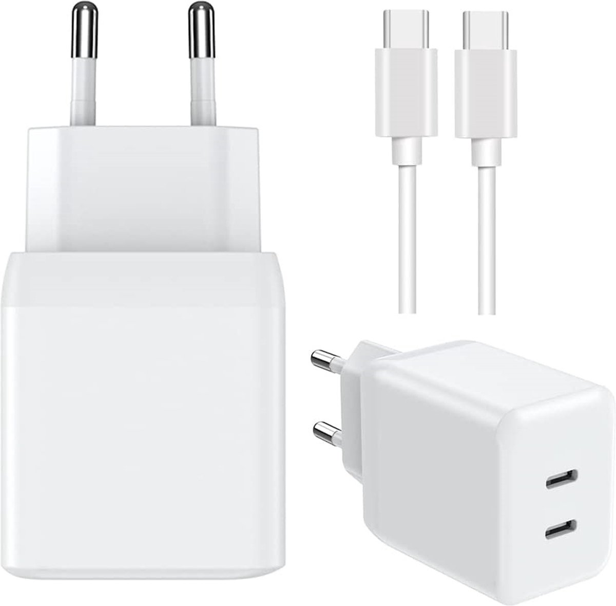Super Fast Charger 2.0 - USB C Adapter met 2 USB-C Poorten + USB-C Kabel - 2 Meter