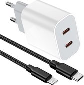 Snellader Adapter + 2 Meter Nylon USB C Kabel geschikt voor Apple iPad, iPhone - USB C Lader - 2 Poorten USB-C