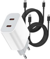 Snellader Adapter + 2x Nylon USB C Kabel 3 Meter - Geschikt voor Apple iPad, iPhone - USB C Lader - 2 Poorten USB-C