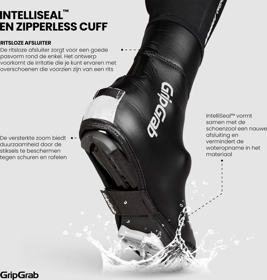 Diagram van "GripGrab" overschoenen, met aandacht voor de "INTELLISEAL" en "ZIPPERLESS CUFF" technologie.