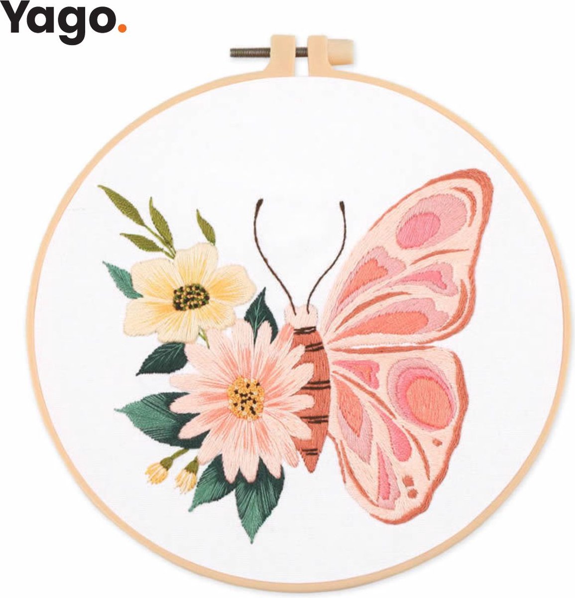 Yago Roze Vlinder op Bloemenpracht - Borduurpakket | Starterskit | Alles inbegrepen | Patroon | Borduurring | Borduurgaren | Voor volwassen | Creatief | Hobby | Borduren | Ontstressen | Borduurset