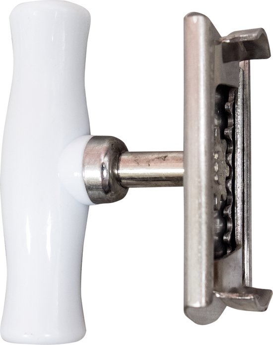 Wit handvat met metalen opener, met tandwielen.