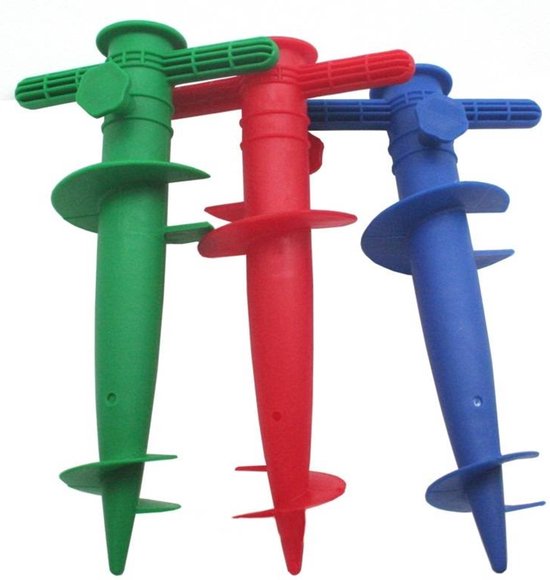 Drie parasolhouders in het groen, rood en blauw, met schroefdraad en handvat.