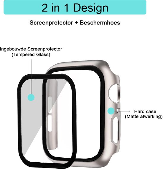 Diagram van een 2-in-1 Apple Watch hoes: een harde matzwarte case en een gehard glazen screenprotector.