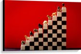 Canvas - Speelgoed Dieren op Trap tegen Rode Achtergrond - 90x60 cm Foto op Canvas Schilderij (Wanddecoratie op Canvas)