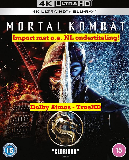 Mortal Kombat 4K Ultra HD + Blu-ray cover met Sub-Zero en Scorpion, met tekst "Import met o.a. NL ondertiteling!".
