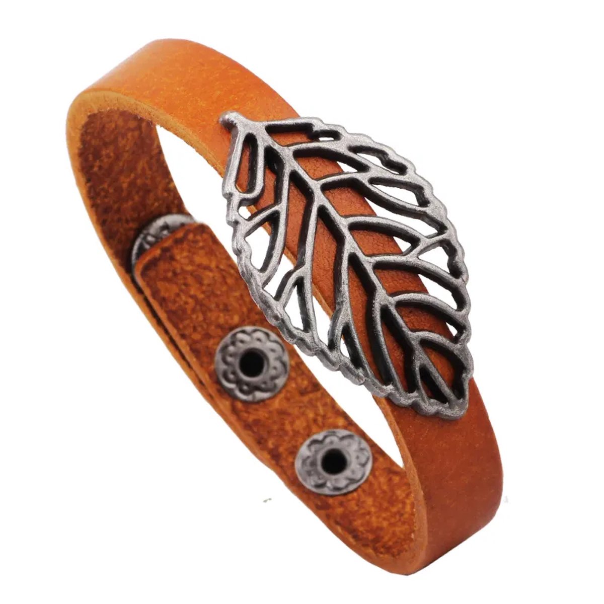 Megasieraden Oranje Bladbladeren Armband - Lederen Riem - Metalen Knoop Gesp - Armband met Bladbladeren - Lederen Armband