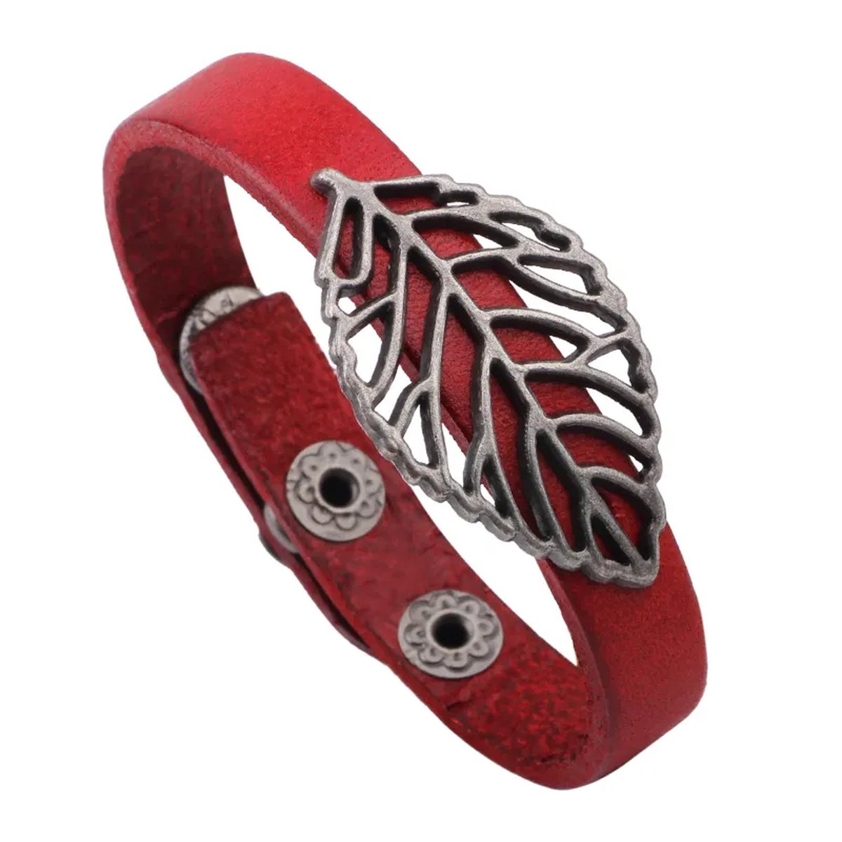 Megasieraden Rode Bladbladeren Armband - Lederen Riem - Metalen Knoop Gesp - Armband met Bladbladeren - Rode Armband